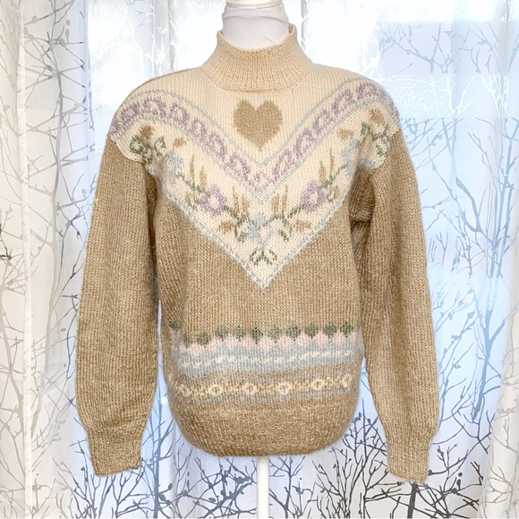 Vintage studio Michelle Stuart Brown cream heart flower turtleneck knit sweater - Picture 1 of 8
